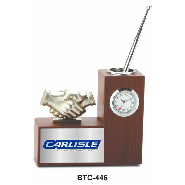 Silver Handshake Pen Stand With Clock Btc-446