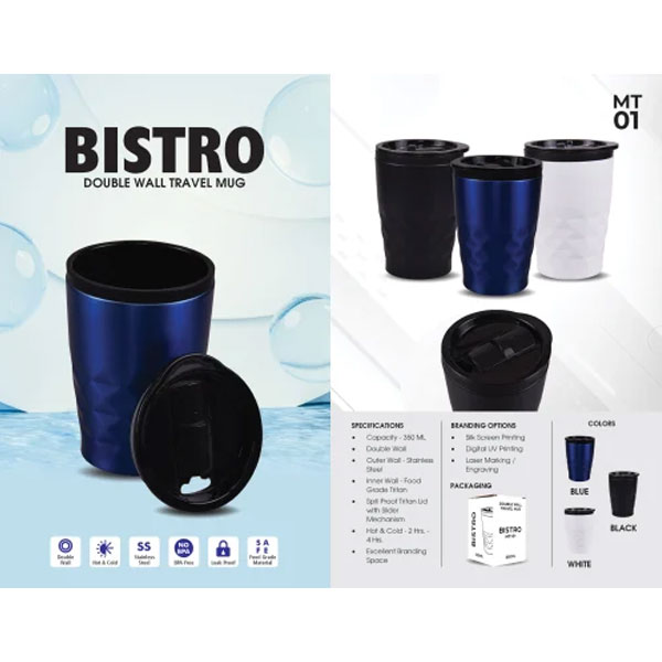 Bistro Double Wall Travel Mug 350Ml Blue/Black/White