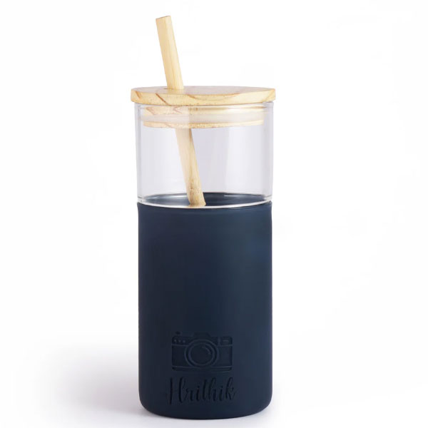 Smoothie Glass Tumbler with Straw 475ml-Navy Blue