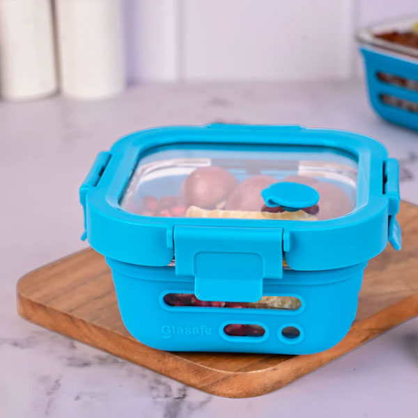Glasafe Borosilicate Glass Tiffin with Silicone Sleeve 320ml-Tranquil Teal
