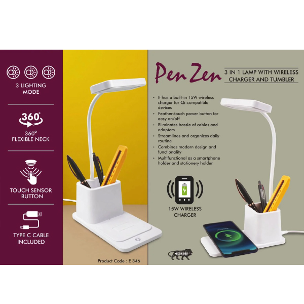 E346 – PenZen: 3 In 1 Lamp With 15W Wireless Charger And Tumbler