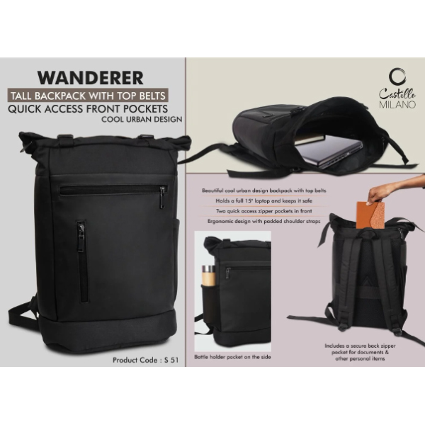 S51 – Wanderer: Tall Backpack With Top Belts | Quick Access Front Pockets