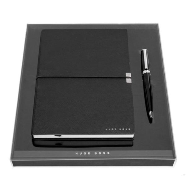 Hugo Boss Elegance Storyline + Gear Printripe A5 Notebook Black + Ball Pen Set