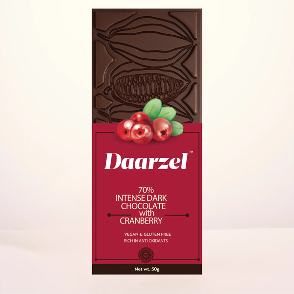 Daarzel - 70% Intense Dark Chocolate With Cranberry | Vegan & Gluten Free | 50 G