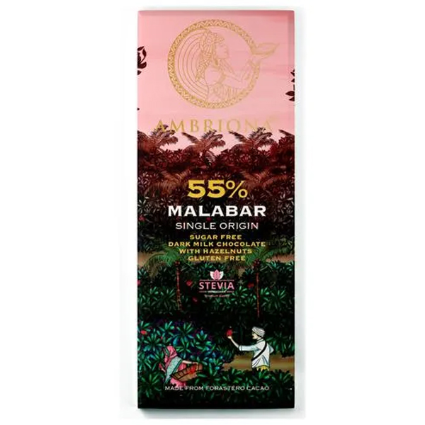 Ambriona - 55% Malabar Single Origin | Sugar Free | Dark Milk Chocolate With Hazelnut | Gluten Free | 50 G